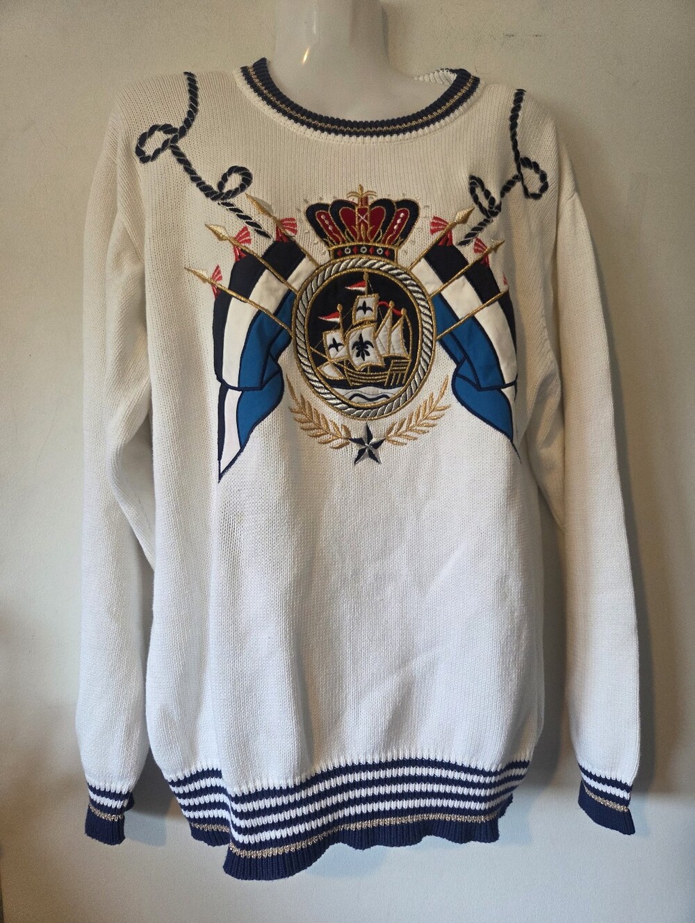 Nautical Crest Embroidered Sweater - White with Navy & Gold- Vintage